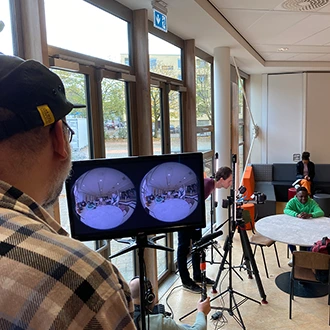 A photo of director Peet Gelderblom on set of The Bully Glasses.